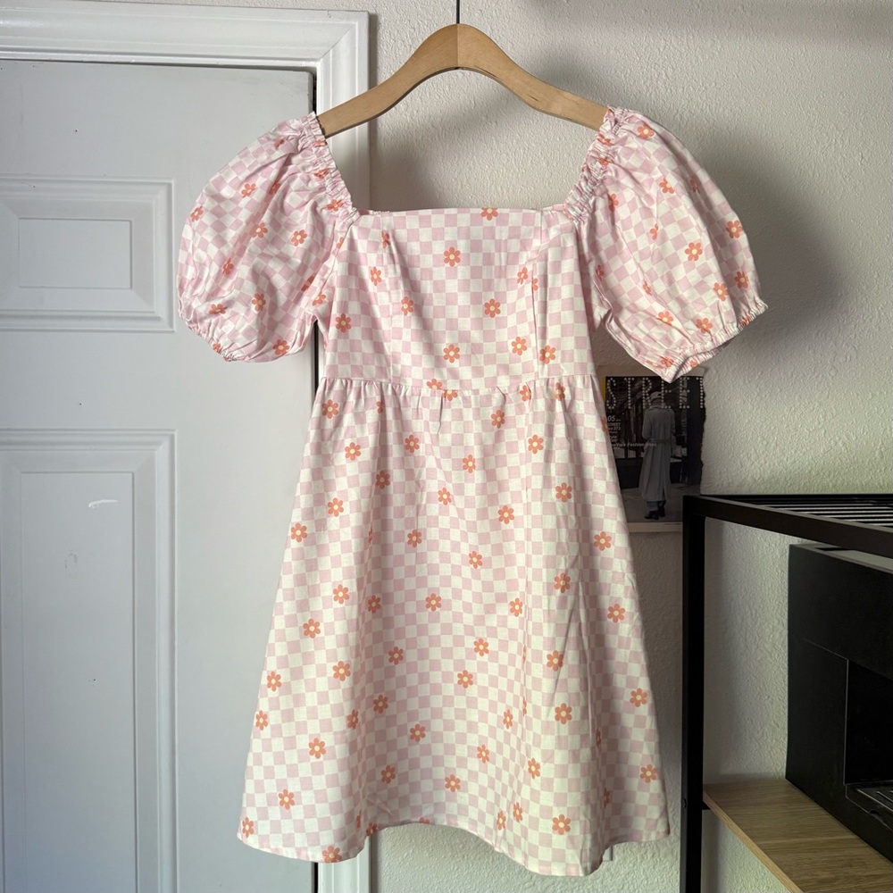 NWT SUNBEAN San Francisco pink white floral checker puff short sleeve mini dress